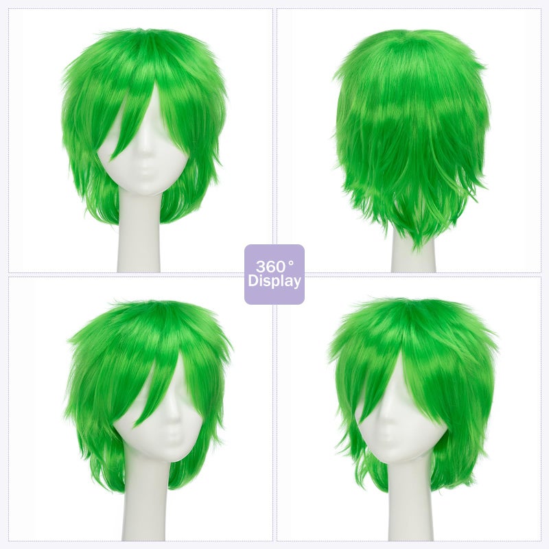 S-noilite Unisex Short Green Wig Women Men's Short Layered Fluffy Spiky Wigs with Bangs Straight Synthetic Hair Full Wigs for Halloween Cosplay Costume Comic-cons Anime Party Green - Image 4